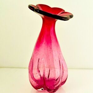 Vintage, mid century, cranberry art glass, flower vase